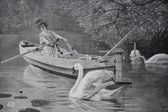 A swan pursues an elegant lady sitting in a rowing boat and picking water lilies