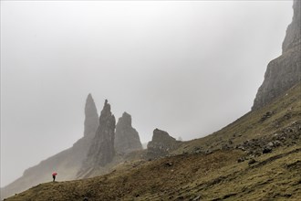 Rock Old Man of Storr with tourist with red umbrella in fog