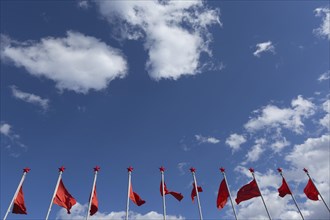 Red flags with red star at the monument of Mao Tse-tung