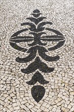 Black and white ornamental floor mosaic of paving stones