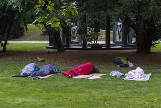 Homeless people staying overnight in the park