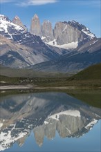 Mountain massif Torres del Paine reflected in Lago Amarga