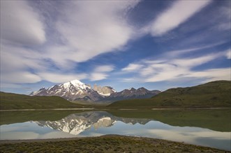Mountain massif Torres del Paine reflected in Lago Amarga