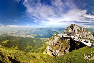 View from Pilatus mountain to Lake Lucerne and Central Swiss Alps
