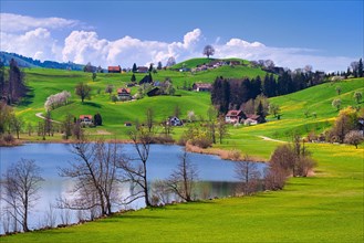 Lake Huttnersee with hilly landscape in spring