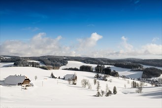 Snow-covered landscape and farmhouses