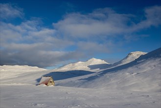 Refuge in snow-covered landscape at Snaefellsjokull