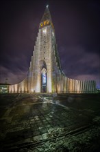 Illuminated church Hallgrimskirkja at night