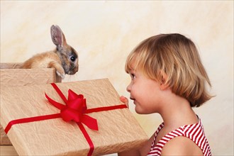 Four-year-old girl looking into gift box with rabbit inside