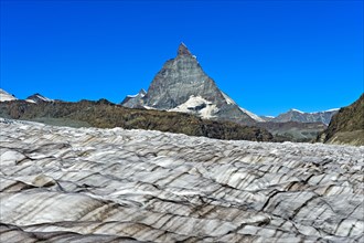 Icefield of the Gorner glacier with view of the Matterhorn