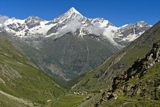 Weisshorn with snow cap over the Mattertal