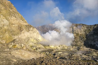 Rock formations and yellow sulphur on the volcanic island of White Island with rising steam from the crater