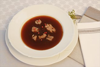 Oxtail soup with red pepper in soup plate