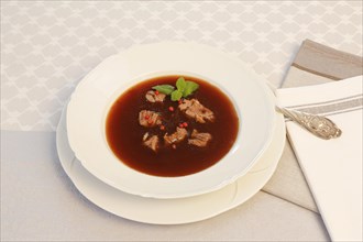 Oxtail soup with red pepper in soup plate