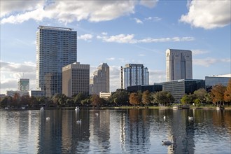 View from Lake Eola Park to Lake Eola and Skyline