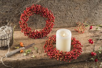 Two small autumn wreaths on wooden plate bonded with rosehip (Rosa canina)