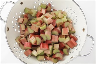 Sliced fresh Rhubarb in a colander