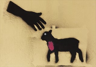 Black hand reaching for a lamb with a red heart