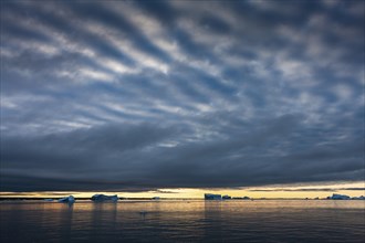 Icebergs at sunrise in the Arctic Sea