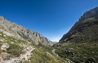 Restonica river flows at its source through mountain valley