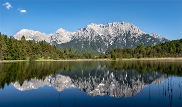 Western Karwendelspitze is reflected in Lake Luttensee