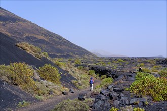 Woman walks on hiking trail through lava field