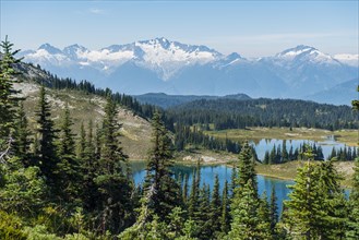 Small lakes in front of snow-capped mountains