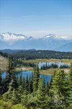 Small lakes in front of snow-capped mountains