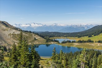 Small lakes in front of snow-capped mountains