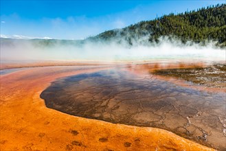 Colored mineral deposits at the edge of the steaming hot spring