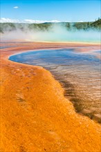 Colored mineral deposits at the edge of the steaming hot spring