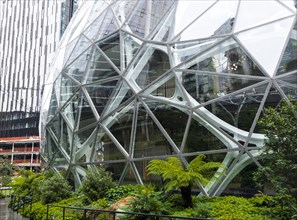 Green area in front of a modern office building of Amazon