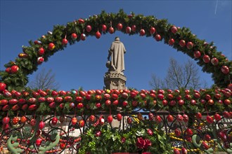 Traditionally decorated Easter fountains with red Easter eggs