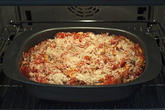 Baked pasta dish with tomato and cheese