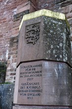 Column in front of the castle on the Trifels with inscription Prison of King Richard the Lionheart