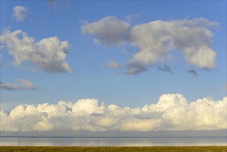 View over the Wadden Sea with salt marshes and deep clouds