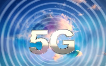 Symbol image 5G Net in front of blue cloudy sky with radiation waves