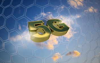 Symbol image 5G Net in front of blue cloudy sky with net pattern