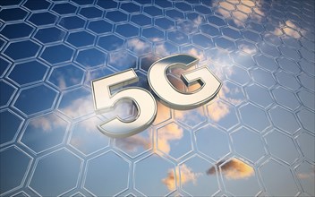 Symbol image 5G Net in front of blue cloudy sky with net pattern