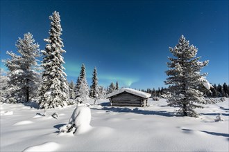 Northern Lights (Aurora Borealis) with starry sky over snow-covered hut in winter landscape