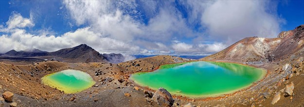 Panorama of green sulphurous Emerald Lakes in active volcanic Tongariro National Park