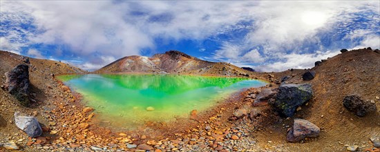 360 panorama with the green sulphurous Emerald Lakes and volcanio Mt Tongariro