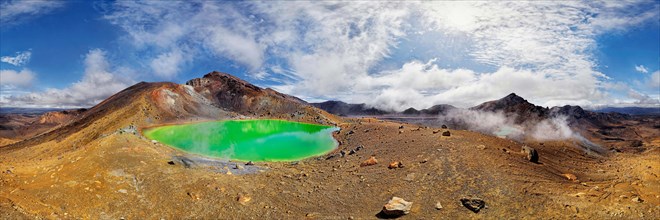 360 panorama with the green sulphurous Emerald Lakes and volcanio Mt Tongariro