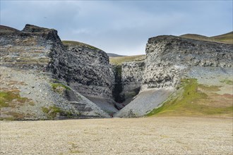 Tourists at the cliffs at Diskobukta with black-legged Kittiwakes (Rissa tridactyla)