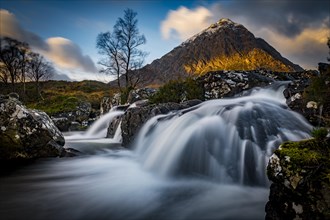 Small waterfall with Birch (Betula) and summit of Stob Dearg in the background