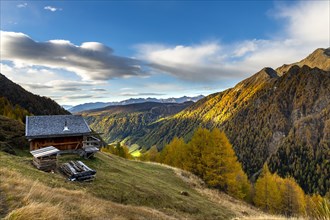 Mountain hut over valley with autumnal mountain larch forest (Larix decidua)