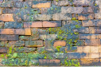 Old weathered brick wall with moss