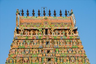 Colourfully decorated Gopuram gate tower of Minakshi or Sri Meenakshi Sundareshwara Temple