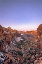 View from Canyon Overlook into Zion Canyon with snow
