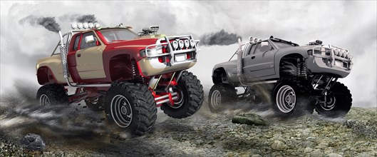 Two monster trucks in a race on rocky terrain